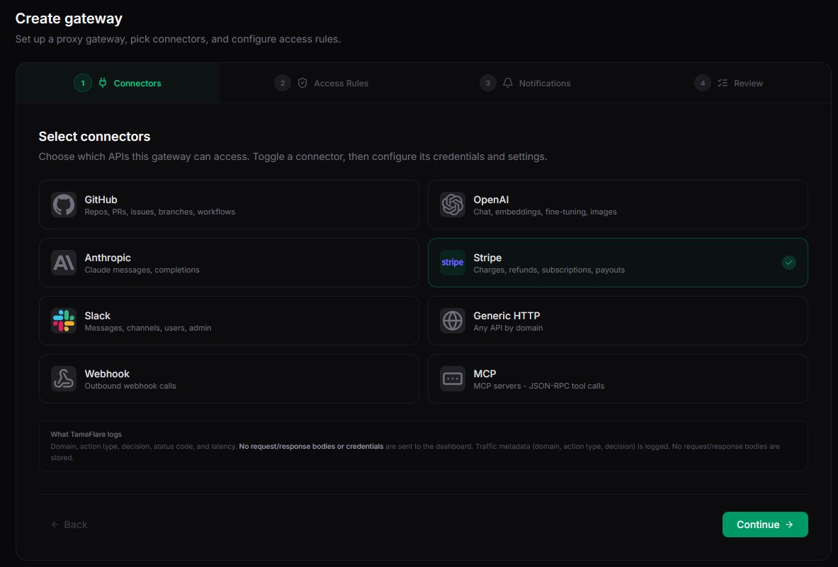 TameFlare Gateway Wizard - connector selection